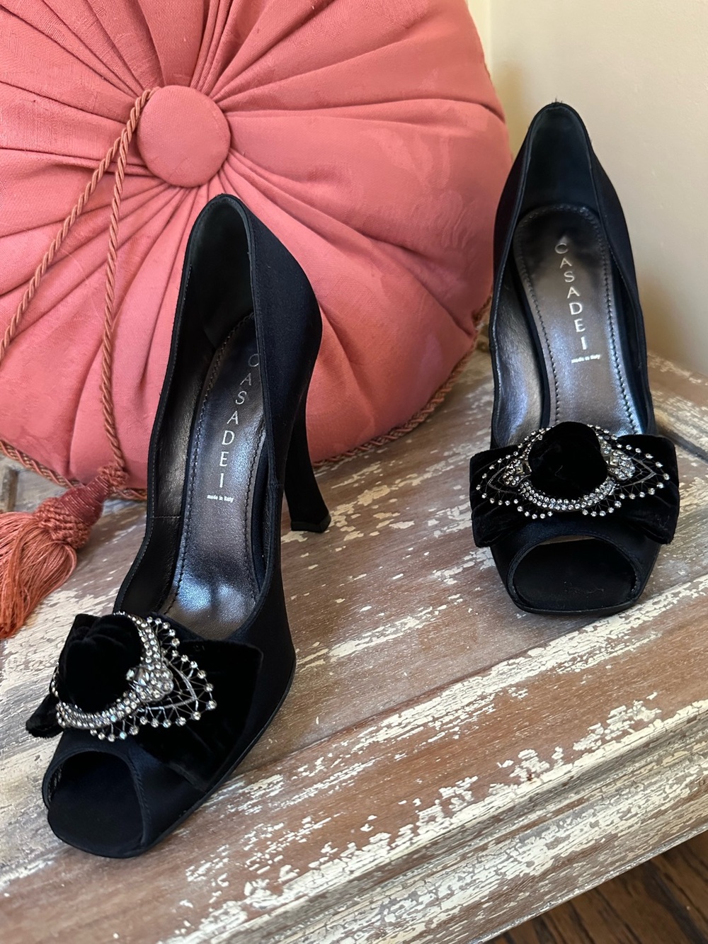 Casadei Black Satin Peep-Toe Heels with Crystal and Velvet Rosette